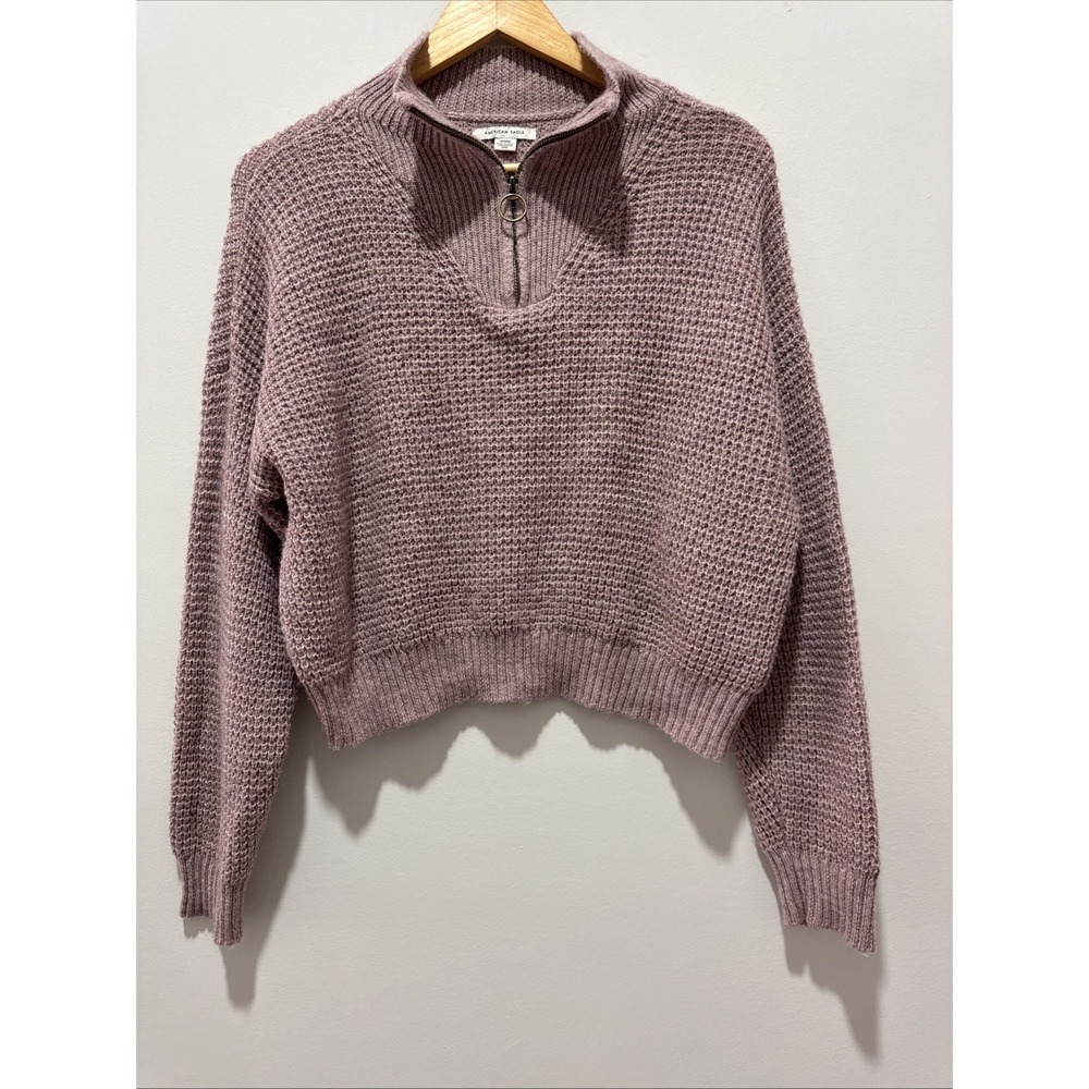 American Eagle Womens Purple Cropped Wool Blend Chunky Knit 1/4 Zip Sweater M